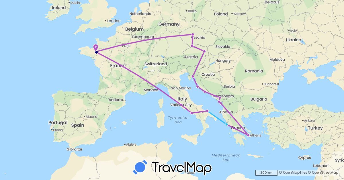 TravelMap itinerary: driving, train, boat in Austria, Czech Republic, France, Greece, Croatia, Italy, Montenegro (Europe)
